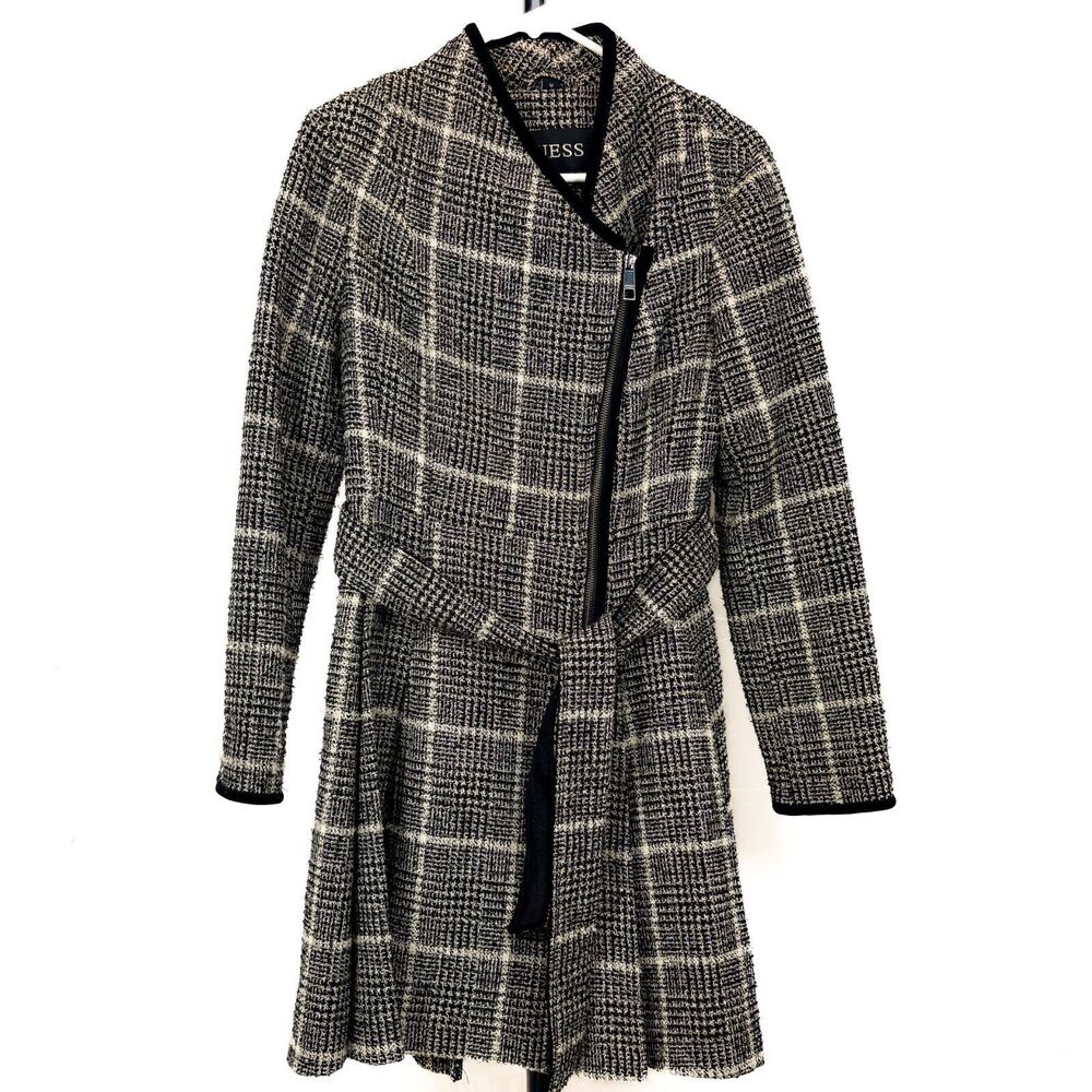 Guess Wool Blend Asymmetrical Mid Length Coat Sz M Plaid Vintage Black and White